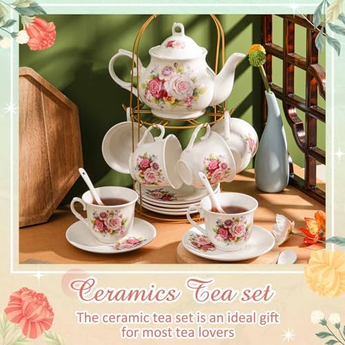 Zhehao 20 Pcs Porcelain Tea Set for Adult, with Metal Holder, Modern - Image 3