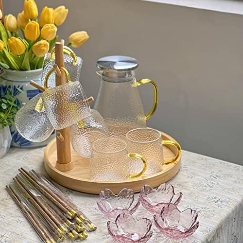 LIU- Bamboo Mug Holder with 6 Hooks,Round Storage Tray for Storing Coffee Pods, Tea Bag and Kettle，Countertop Cups Holder Rack, for Counter Bar - Image 3