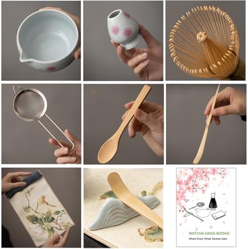 Matcha Whisk Set,8 Pcs Ceramic Matcha Set,Matcha Kit for Matcha Lovers,Tradition Tea Set Includes Bowl,Bamboo Whisk and Holder,Scoop,Sifter and Towel,Gift for Family and Friend (Light blue) - Image 3