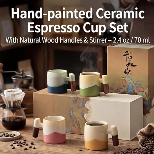 Ceramic Espresso Cups Wood Handle 2.4oz Set of 4 Square - Image 2