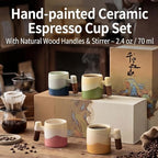 Ceramic Espresso Cups Wood Handle 2.4oz Set of 4 Square - Image 2