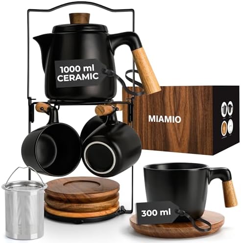 MIAMIO - Teapot Set with 4 Cups & Rack (34/10 oz) with Infuser (Black) by MIAMIO