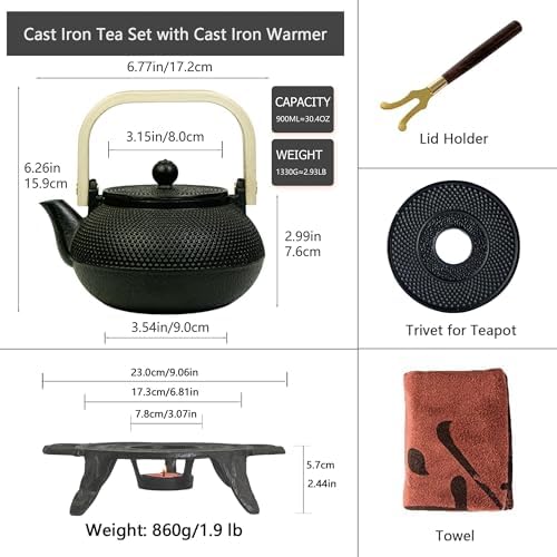 Cast Iron Tea Set with Teapot and Warmer, Japanese Tetsubin, 30.4oz Small Teapot with Infuser for Loose Leaf, Asian Tea Kettle for Stovetop Safe, Elegant Durable Tea Pot Set Gift - Image 2