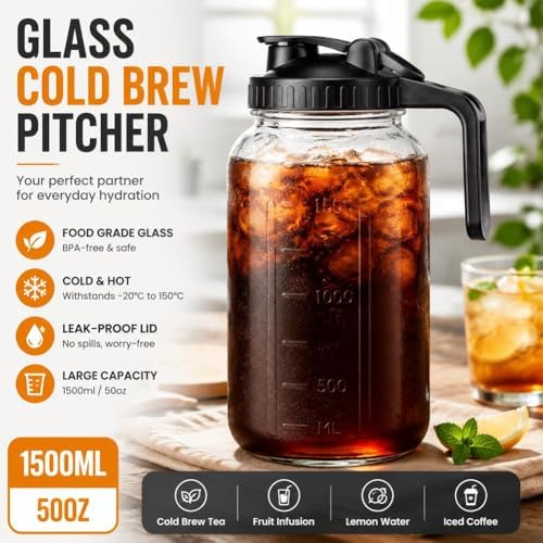 Cold Brew Coffee Maker with Stainless Steel Filter, Pour Spout Handle Lid, LeakProof Heavy Duty Glass Pitcher for Iced Coffee,Lemonade,Ice Tea & Fruit Drinks - Image 2