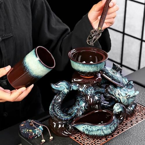 Chinese Gongfu Tea Set - Ceramic Teapot with Infuser, 8 Cups, Semi Automatic Dragon Design for Loose Leaf Tea - Image 3