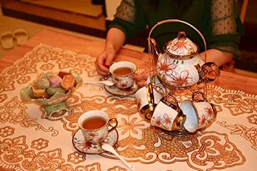 20 Pieces Porcelain Tea Set With Metal Holder, European Ceramic tea set for adults,Flower Tea Set,Tea Set For Women With Flower Painting (Large version, White) - Image 5
