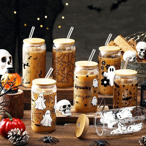 8 Pcs Halloween Ghost Glass Cups with Lids and Straws, 16 oz, Classic - Image 2