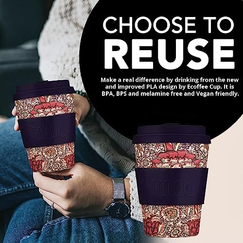 Ecoffee Cup 12oz (350ml) William Morris Reusable Coffee Cup – PLA Plant-Based Travel Mug with Silicone Lid, Melamine Free & Dishwasher Safe – Wandle - Image 3