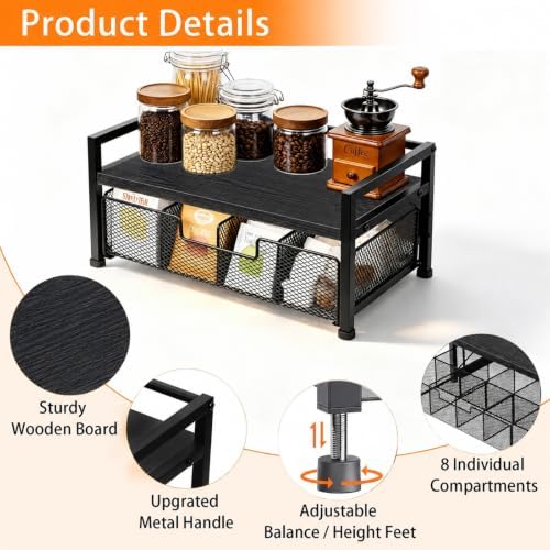 Tea Bag Organizer, Wooden Tea Box with Drawer and Top Tray, Black - Image 5