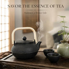 30.4oz Small Cast Iron Teapot with Wooden Handle, Black Tea Pot with Enamel Interior & Strainer, Japanese Style Tea Kettle for Loose Leaf Tea, Suitable for Electric Stove & Induction Cooker - Image 2