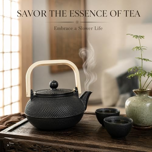 30.4oz Small Cast Iron Teapot with Wooden Handle, Black Tea Pot with Enamel Interior & Strainer, Japanese Style Tea Kettle for Loose Leaf Tea, Suitable for Electric Stove & Induction Cooker - Image 2