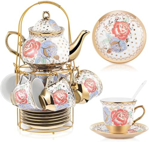 Zhehao 20 Pcs Porcelain Tea Set for Adult, with Metal Holder, Romantic by Zhehao