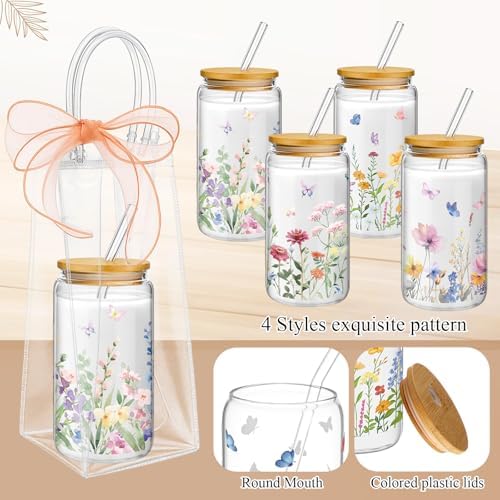 Mumufy 12 Sets Wildflower Cute Glass Cups with Lids Straws Bulk, 16 Oz - Image 3