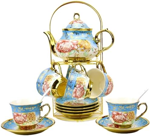 20 Pieces Porcelain Tea Set With Metal Holder, European Ceramic tea set for adults,Flower Tea Set,Tea Set For Women With Flower Painting by TATSUMI
