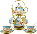 20 Pieces Porcelain Tea Set With Metal Holder, European Ceramic tea set for adults,Flower Tea Set,Tea Set For Women With Flower Painting by TATSUMI