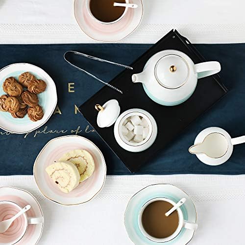 Sweejar Porcelain Tea Sets, 8 OZ Cups & Saucer Service for 4, Teapot Sugar Bowl Cream Pitcher Teaspoons and Tea Strainer for Adult Tea Coffee Afternoon Party (Pink) - Image 5