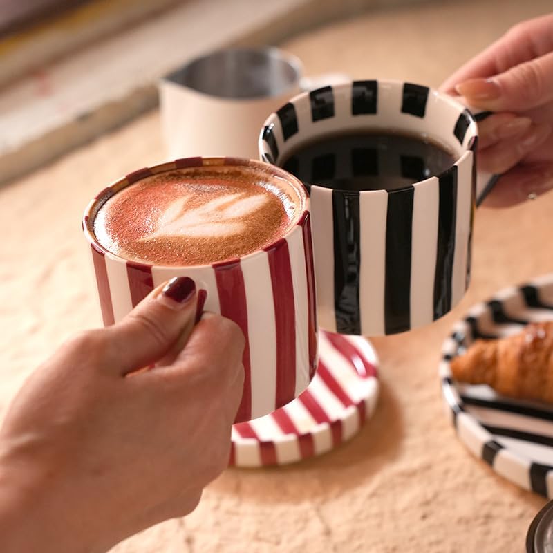 Festive Red and White Striped Ceramic Coffee Mug and Saucer Set, 200ml Latte & Tea Cup Gift for Holidays (Black) - Image 4