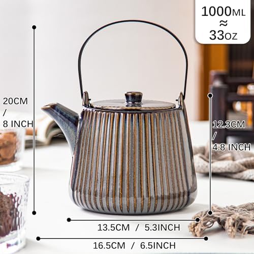 Yundu Ceramic Teapots for Tea, 1000ml/33.8oz Tea Pot with Infusers for Loose Tea, Striped Tea Pot with Removable Tea Infuser - Reactive Brown - Image 2