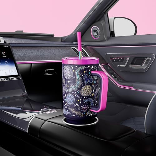 Meoky Glow in the Dark Tumbler: 40 oz Tumbler with Handle and Straw- Stainless Steel Insulated Tumbler for Car Cup Holders - Travelers Commuters Workers (1 Pack, Nebula) - Image 5