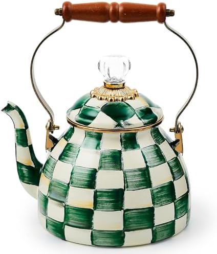MACKENZIE-CHILDS Tea Kettle, 2 Quarts, Green-and-White Emerald Check by Unknown