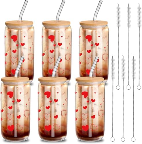 6 Pcs Glass Cups with Lids and Straws 16 oz Hearts Coffee,Red by Yetene