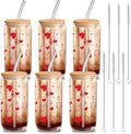 6 Pcs Glass Cups with Lids and Straws 16 oz Hearts Coffee,Red by Yetene