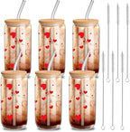 6 Pcs Glass Cups with Lids and Straws 16 oz Hearts Coffee,Red by Yetene