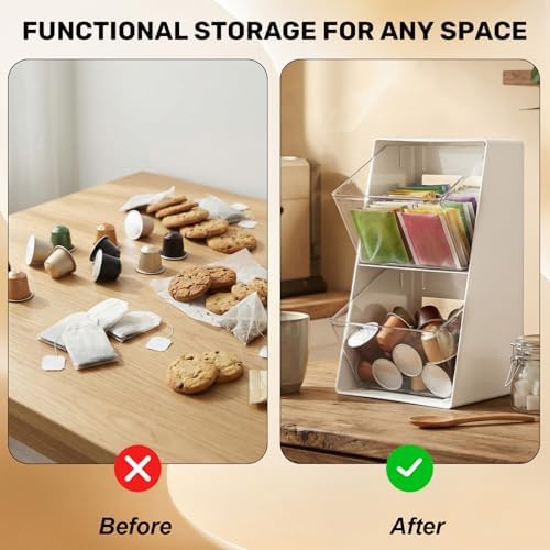 2 Pack Large Coffee Pod Holder, Coffee Station Counter Container Stackable Pantry Storage Organizer Bins, Creamer Suger Plastic Accessories Organizer for Office Home Kitchen Supplies(White) - Image 4