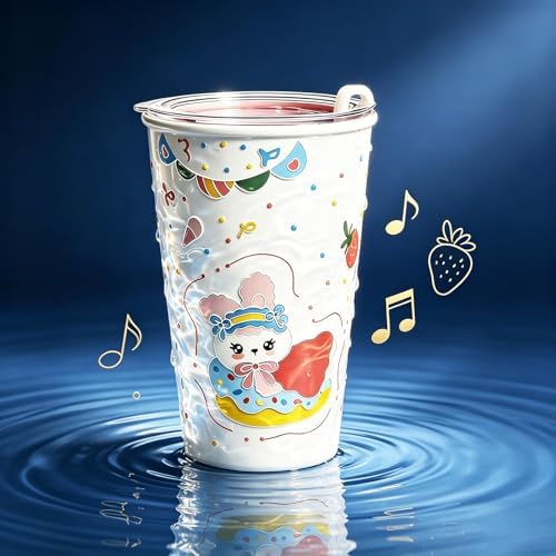 YQ&QMK 3D Embossed cartoon animals Ceramic Cup with Lid & Glass Straw, 16oz Hand-Painted Ice Cream Design Travel Coffee Tumbler, Cute Mug (Cape Rabbit) - Image 6