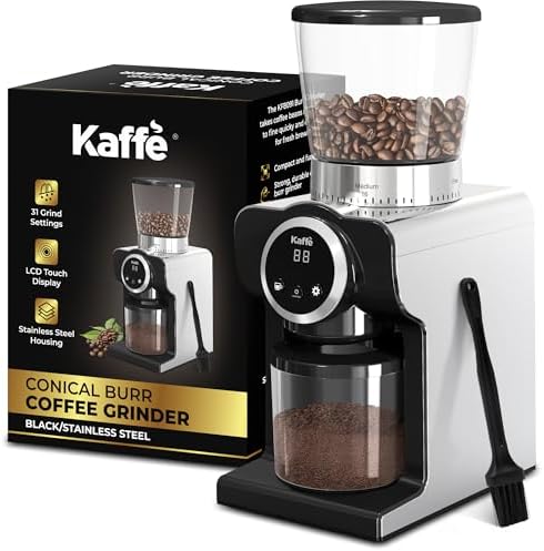 Kaffe Electric Burr Coffee Grinder (9oz) w/ 31 Adjustable Coarseness Settings - Conical Burr - [New Touch Screen w/Timer & Cup Selector] - Precision Coffee Bean Grinder for Home Use - Stainless Steel by Kaffe