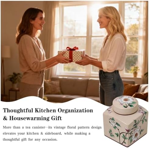 Coffee Bean Storage Canister with Airtight Lid, Decorative Ceramic Tea Jar with Vintage Floral Pattern, Sugar Container & Spice Jar for Kitchen Countertop, Cabinet or Shelf - Beige & 30oz - Image 7