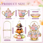 21 Pcs Porcelain Tea Set with 3 Tier Dessert Stand, Purple, Delicate - Image 2