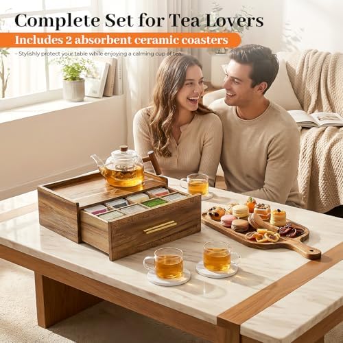 Acacia Wood Tea Bag Organizer with Storage Drawer | 8 Compartments Tea Caddy with Pattern Carving & 2 Ceramic Absorbent Coasters | Wooden Teabag Holder Tea Organizers for Countertop (Acacia) - Image 2