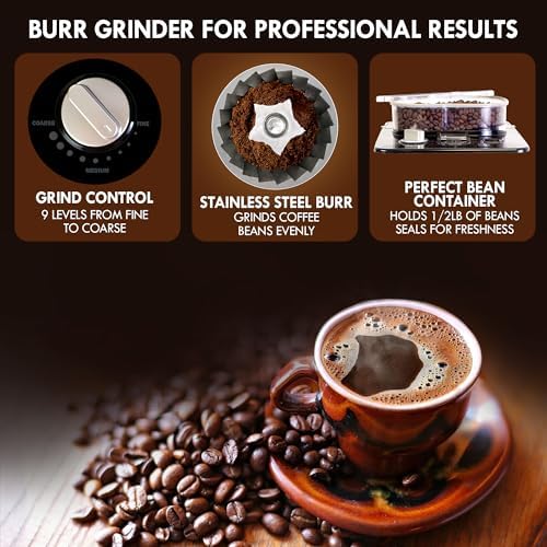 Kenmore Elite Grind and Brew Coffee Maker w/ Burr Grinder, 12 Cup Programmable Automatic Timer Brew Coffee Machine, Air-Tight Bean Hopper, Grind Size and Brew Strength Selectors, Stainless Steel - Image 5