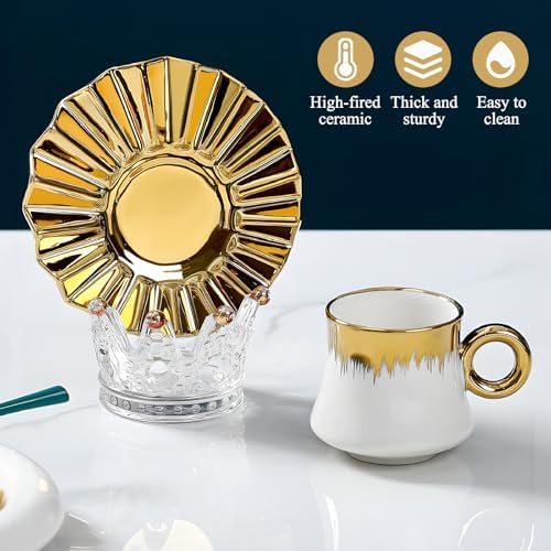 3.5oz Ceramic Turkish Coffee Cup Set of 6, Porcelain Espresso Cups and Saucers British Italian Cappuccino Cups with Gold Trim for Double Espresso Cappuccino Latte Mocha Tea (White) - Image 4