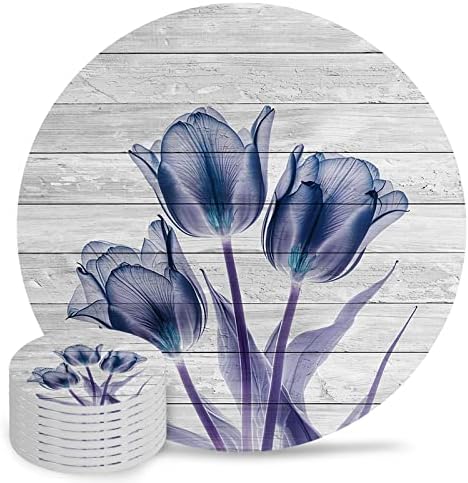 Coasters for Drinks Set of 8, Abstract Transparent Blue Flower Tulip Wood Grain Ceramic Cup Mat, Absorbent Ceramic Stone Coasters with Cork Base for Coffee, Cups, Wooden Table, Home Decor 4 Inch by Daleng