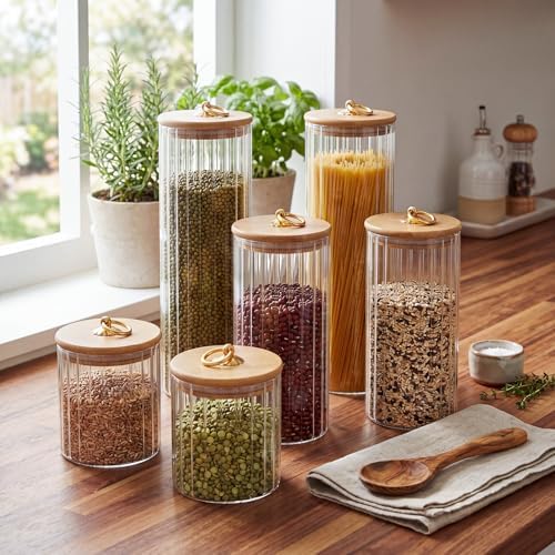 SiliFine Glass Pantry Storage Jar with Lid, 6 Set, Bamboo Lid with Ring - Image 3