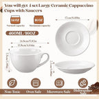 4 Set 16oz Cappuccino Cups with Saucers, Heavyweight Porcelain - Image 2