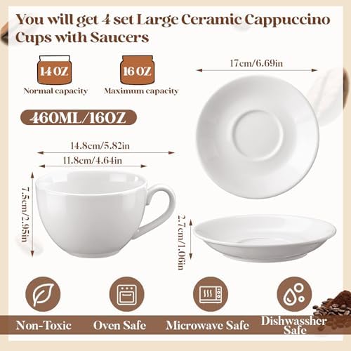 4 Set 16oz Cappuccino Cups with Saucers, Heavyweight Porcelain - Image 2