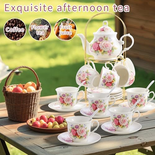 20-Pieces Porcelain Bone china Tea Sets,Gold Rim Coffee Set with Golden Metal Rack,Tea Gift Sets for Home&Party (008) - Image 5