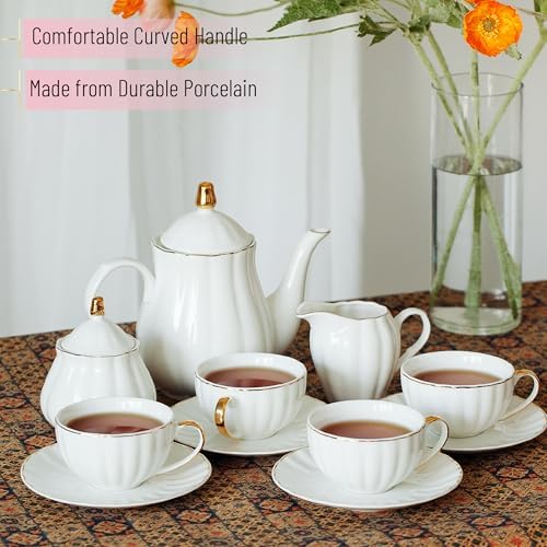 BTaT- Classic tea set, 13 pcs, Tea Cups (7oz), Tea Pot with Stainless Steel Infuser (32oz), Creamer and Sugar Set, Porcelain Tea Set, White Tea Set, Tea Pot Sets with Cups - Image 5
