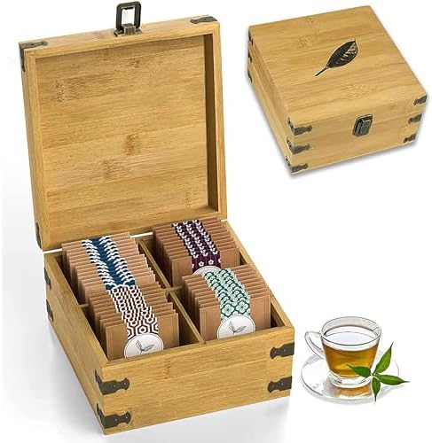 Bamboo Tea Organizer Box Chemical Free Eco-Friendly Big, Tall, Adjustable Cubbies Natural Wooden Storage Chest (4-Slot Square 7.4" x 8.1" x 4.2" with Tea Leaf Design) by ZenEarthInspired