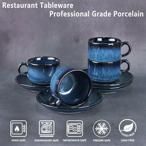5.1 OZ Cappuccino Coffee Cup and Saucer Set, 4-piece ceramic coffee cup and saucer set, suitable for cappuccino, flat white, Americano, espresso, single-origin pour-over, and tea. (blue) - Image 3