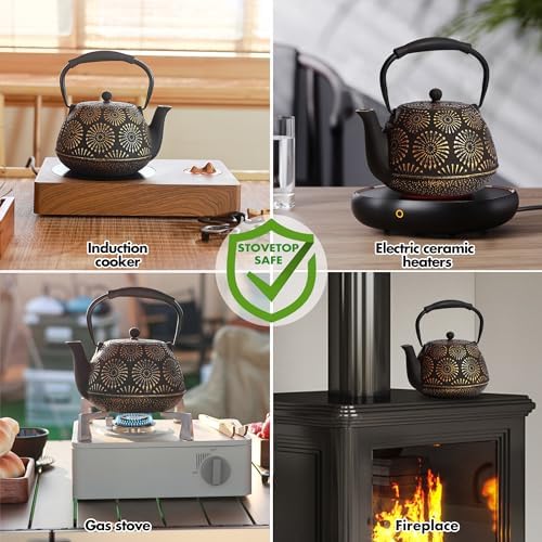 Cast Iron Teapot, 40oz Tea Kettle with Infuser for Stove Top, Sakura Design Japanese Tea Pot for Tea&Coffee Coated with Enameled Interior, Silicone Handle 1200ml black - Image 6