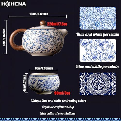 Floral Tea Pot & Tea Cup Set, Blue and White Porcelain, 7.5 oz - Image 4