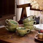 Coffeezone Set of 6 Vintage Design 12 oz Professional Barista Ceramic Latte Art Cappuccino Cups Set (Wave Green) - Image 2