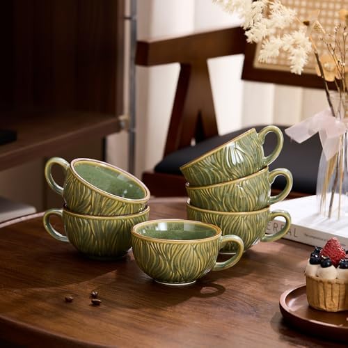 Coffeezone Set of 6 Vintage Design 12 oz Professional Barista Ceramic Latte Art Cappuccino Cups Set (Wave Green) - Image 2