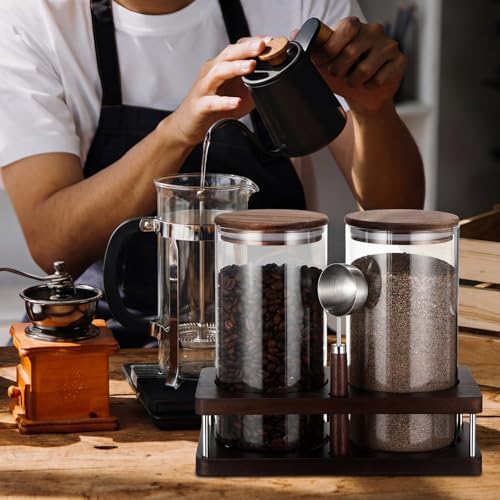 Suclain Glass Coffee Grounds Container with Shelf 2 x 44 oz Glass Coffee Bean Storage Canisters with Airtight Thread Lid and Measuring Spoon Food Storage Jars for Kitchen Sugar(Clear Style) - Image 3