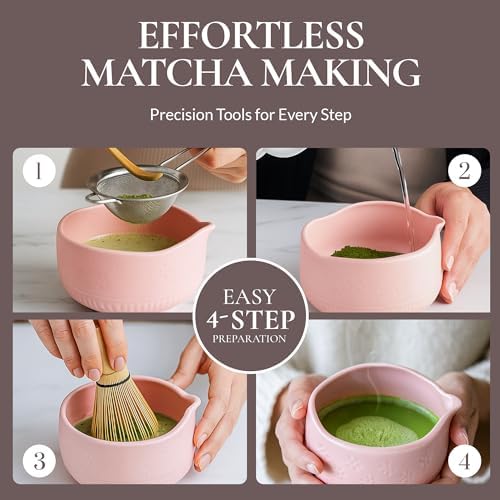 7-Piece Matcha Whisk Set – Ceramic Matcha Bowl with Spout, Bamboo Whisk & Holder, Scoop, Sifter, Tea Towel – Japanese Tea Set & Matcha Starter Kit Gift Box (Pink) - Image 3