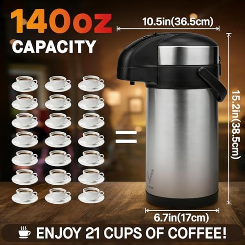 Airpot Coffee Dispenser with Pump - 140 oz Insulated Stainless Steel Coffee Carafe - Thermal Beverage Dispenser - Coffee Urn for Hot/Cold Water, Party Chocolate Drinks - Image 3